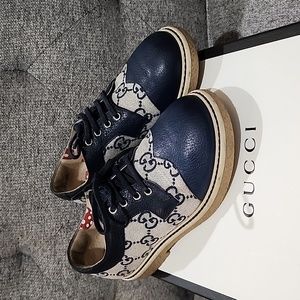 GUCCI Kids Logo Canvas Navy Leather Shoes